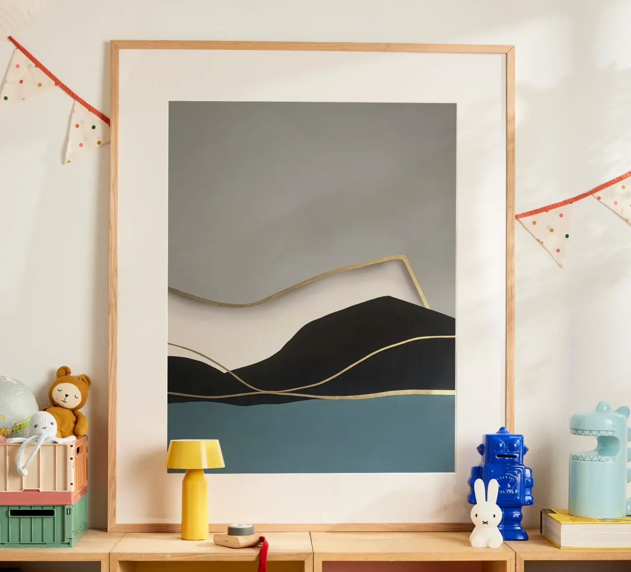 Paesaggio astratto Golden Shoreline poster con telaio in legno da Artbyvo