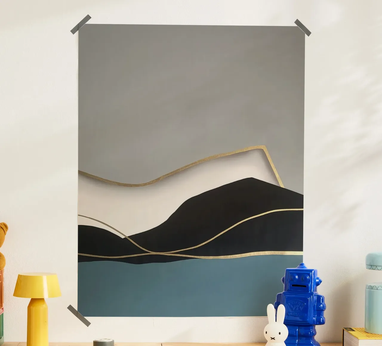 Paesaggio astratto Golden Shoreline poster con telaio in legno da Artbyvo