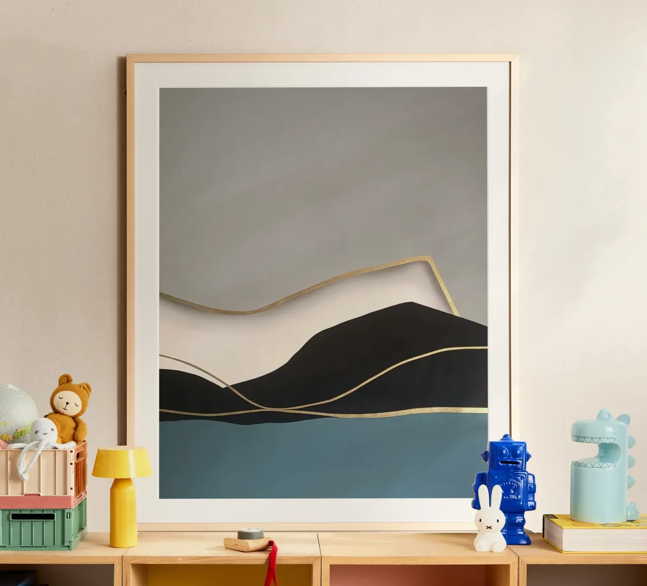 Paesaggio astratto Golden Shoreline poster con telaio in legno da Artbyvo