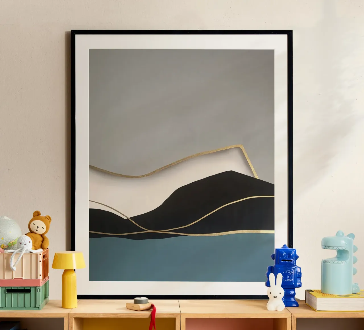 Paesaggio astratto Golden Shoreline poster con telaio in legno da Artbyvo