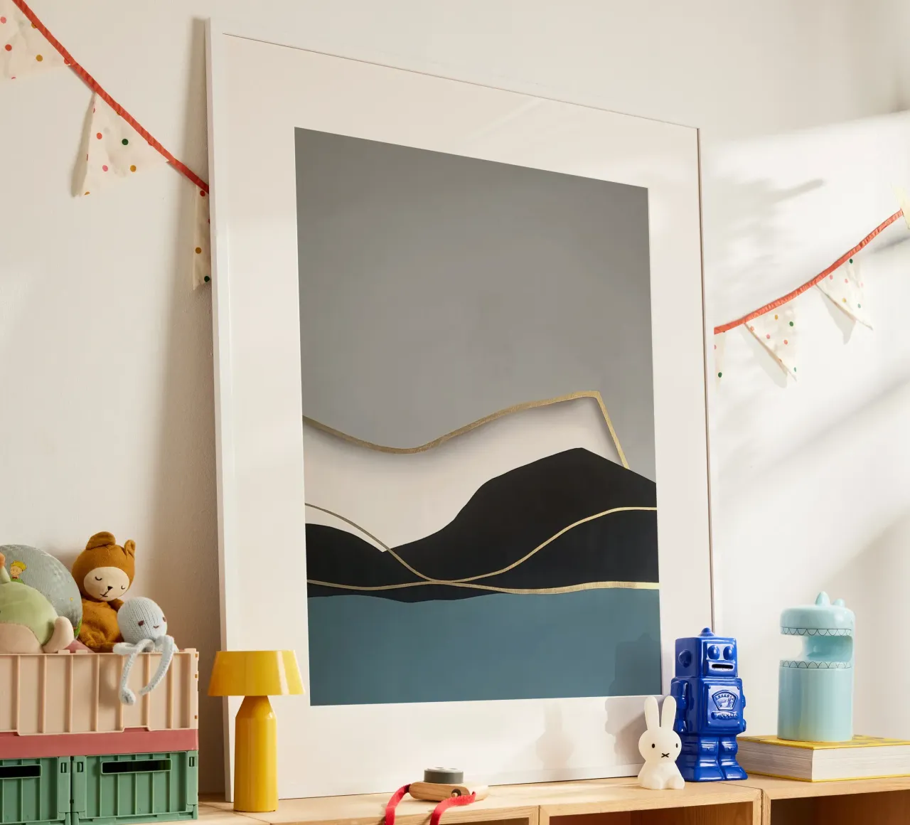 Paesaggio astratto Golden Shoreline poster con telaio in legno da Artbyvo