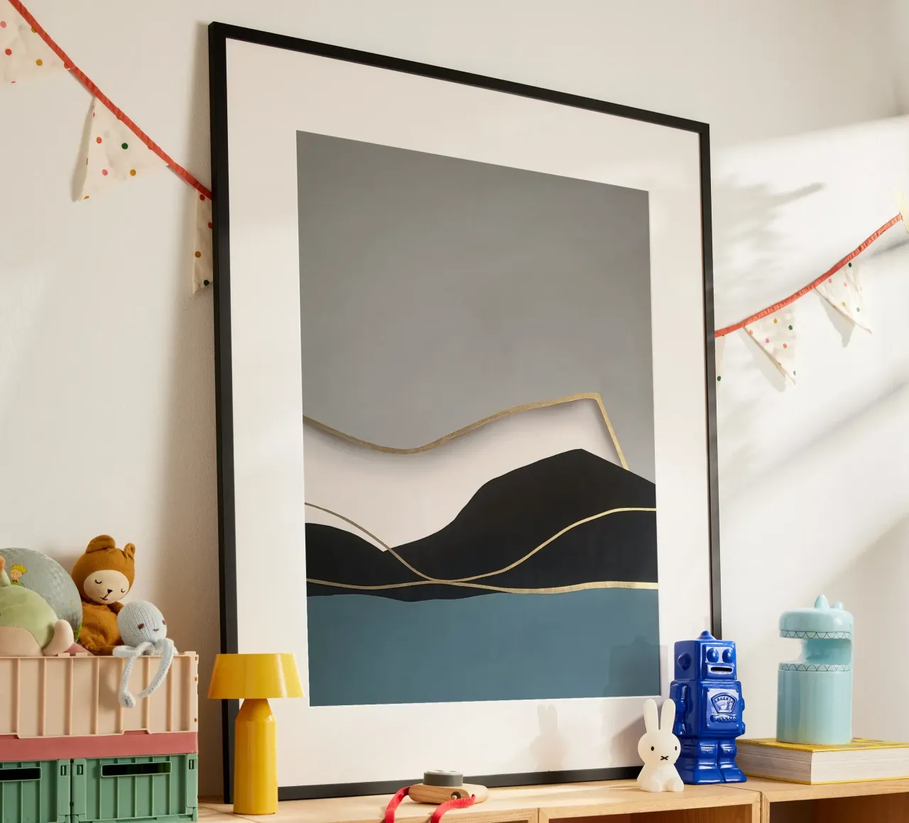 Paesaggio astratto Golden Shoreline poster con telaio in legno da Artbyvo