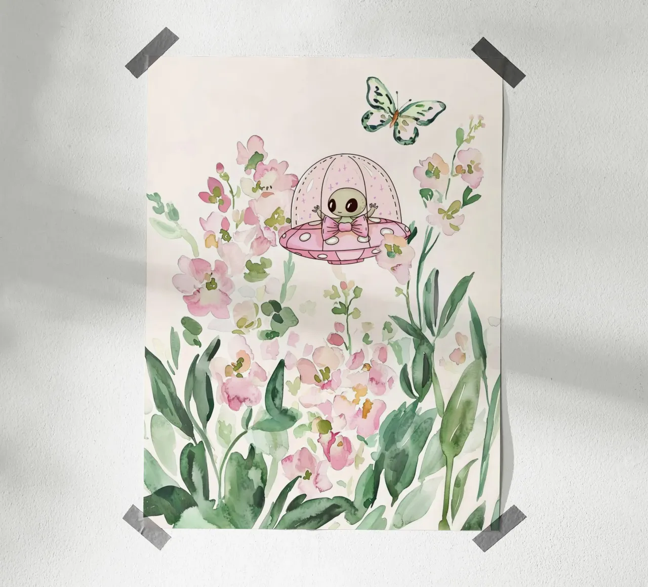 Alieno in rosa UFO tra fiori botanici Arte per bambini stravagante poster con telaio in legno da Gentle Echoes Art