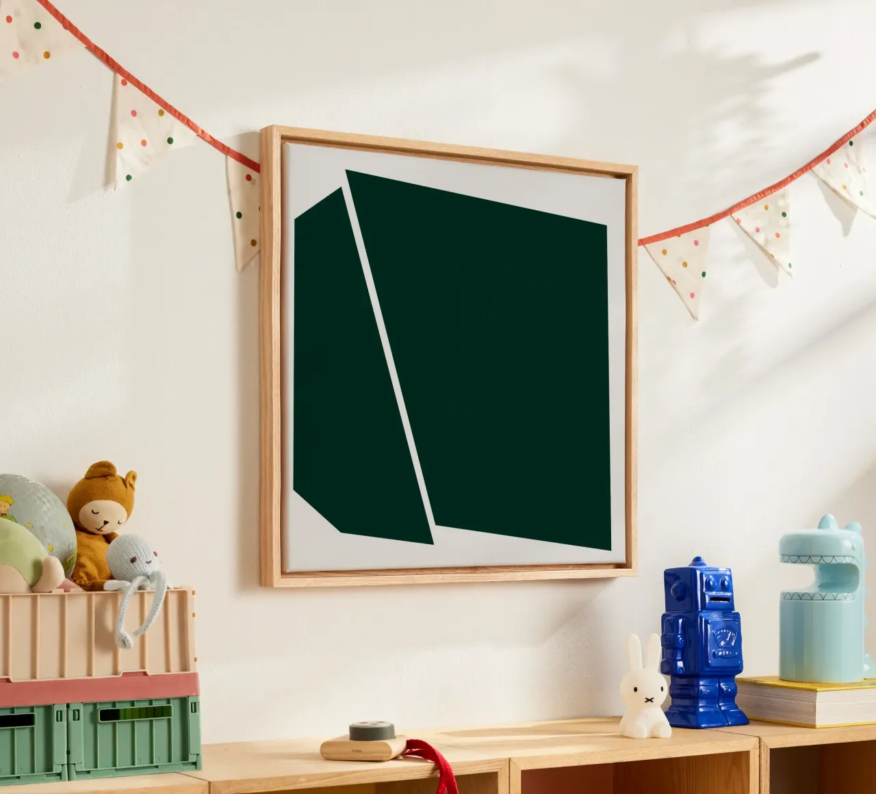 Dark green geometric shape on beige background – minimalist canvas with Floater frame by Artbyvo