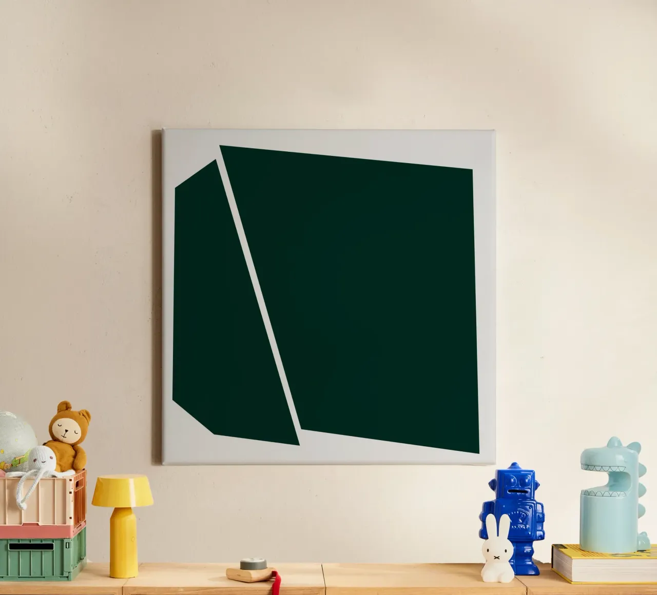 Dark green geometric shape on beige background – minimalist canvas with Floater frame by Artbyvo