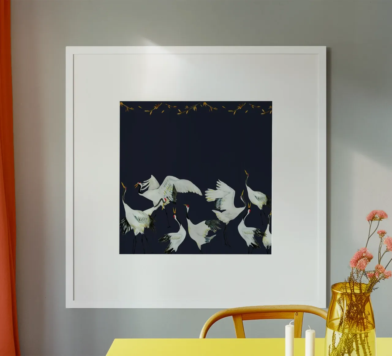 Japanese Crane Dance Blue poster con telaio in legno da Femke Zwaan