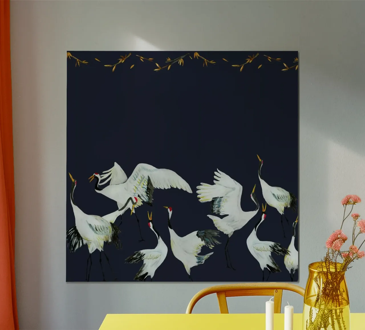 Japanese Crane Dance Blue poster con telaio in legno da Femke Zwaan
