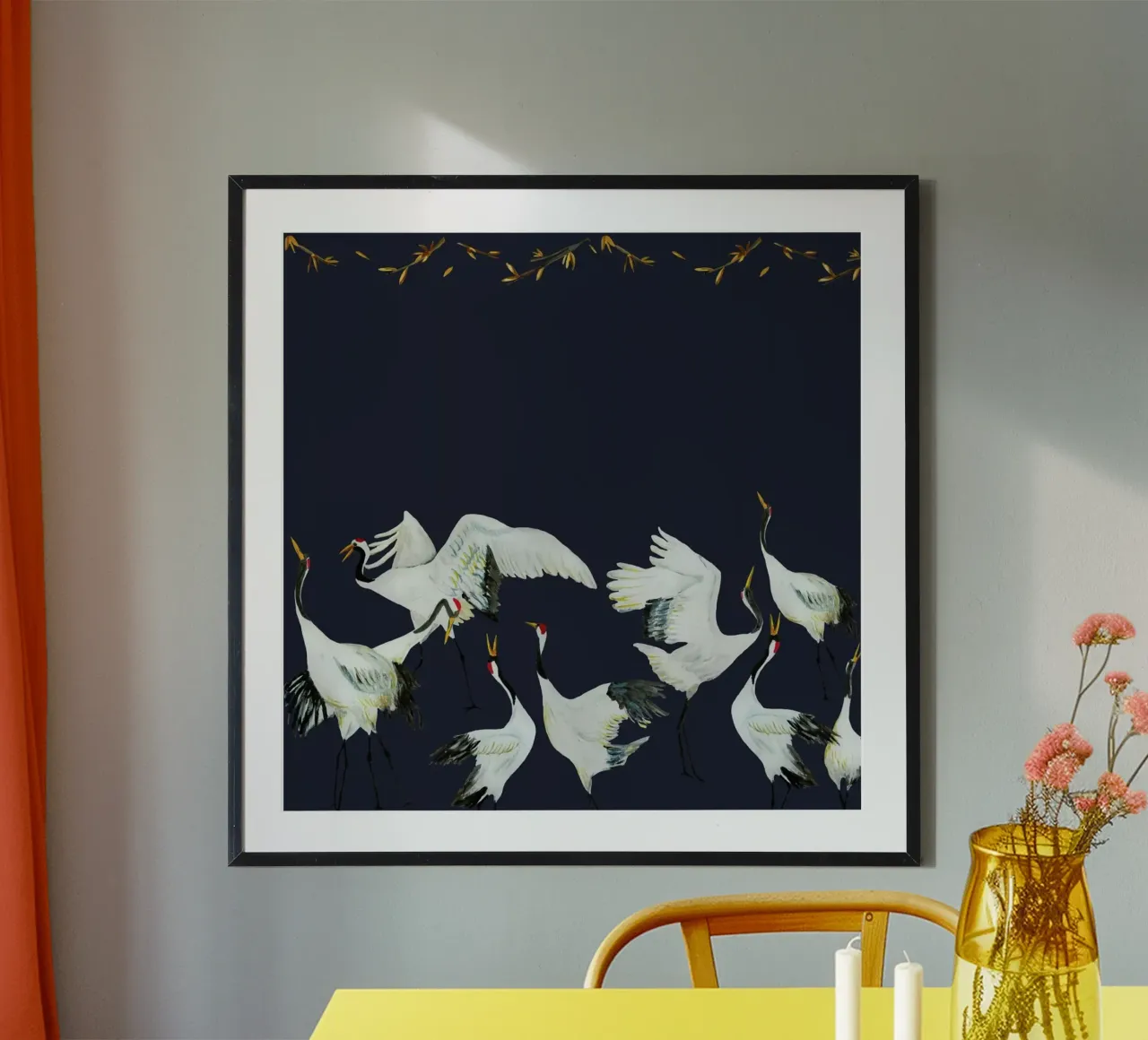 Japanese Crane Dance Blue poster con telaio in legno da Femke Zwaan