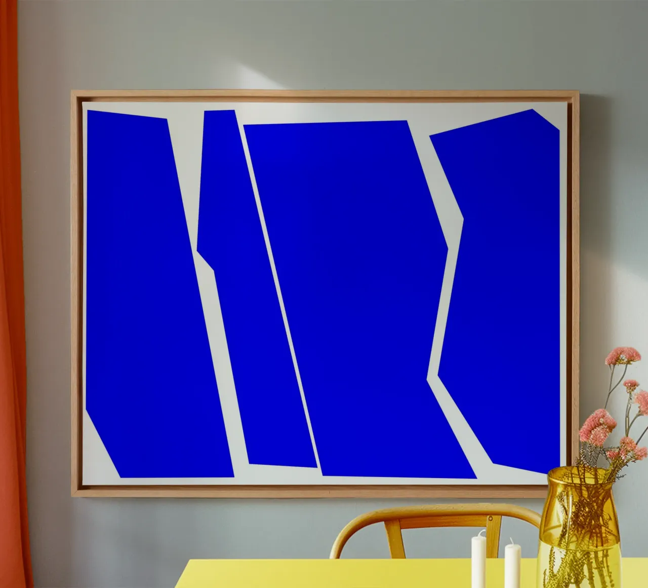 Ultramarijne geometrische abstractie canvas met Baklijst van Artbyvo
