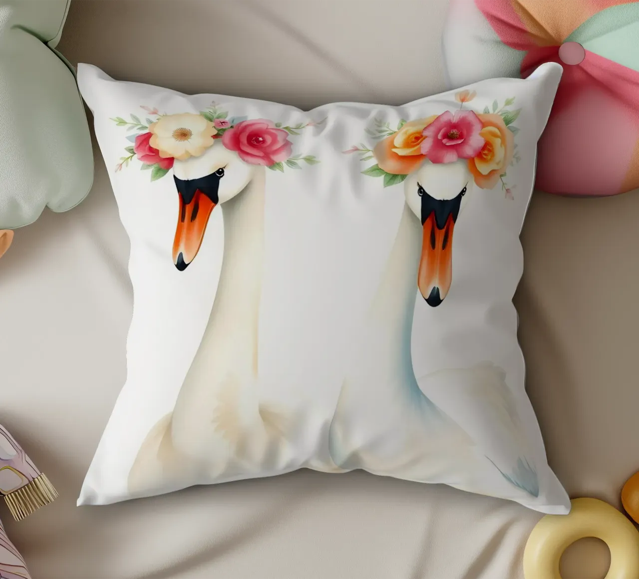 Swans With Flower Crowns In Lake decorative cushion by ARTOMATIC