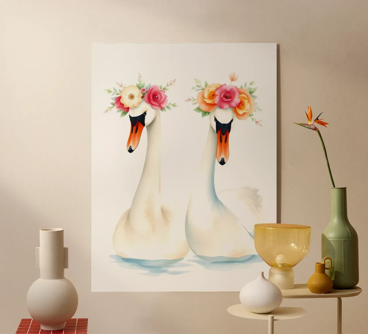 Swans With Flower Crowns In Lake acrylic glass by ARTOMATIC