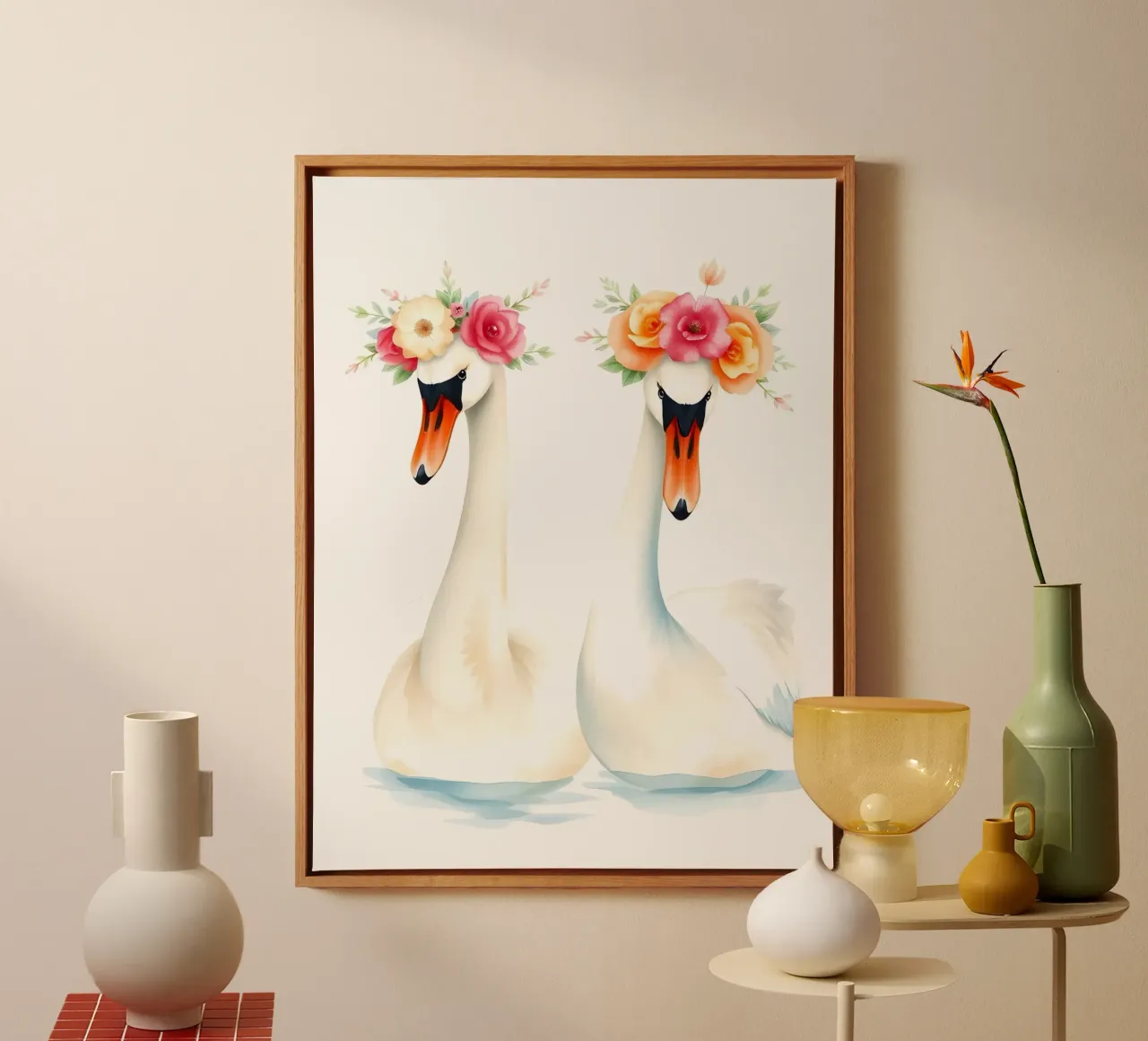 Zwanen met bloemkronen in meer canvas met Baklijst van ARTOMATIC