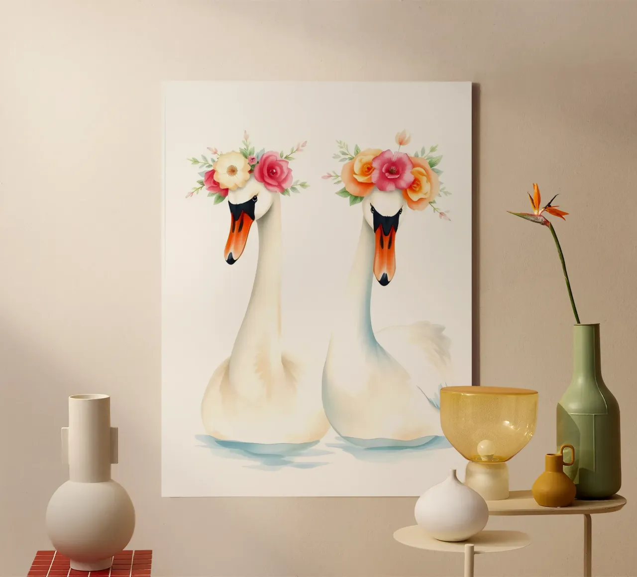 Zwanen met bloemkronen in meer canvas met Baklijst van ARTOMATIC