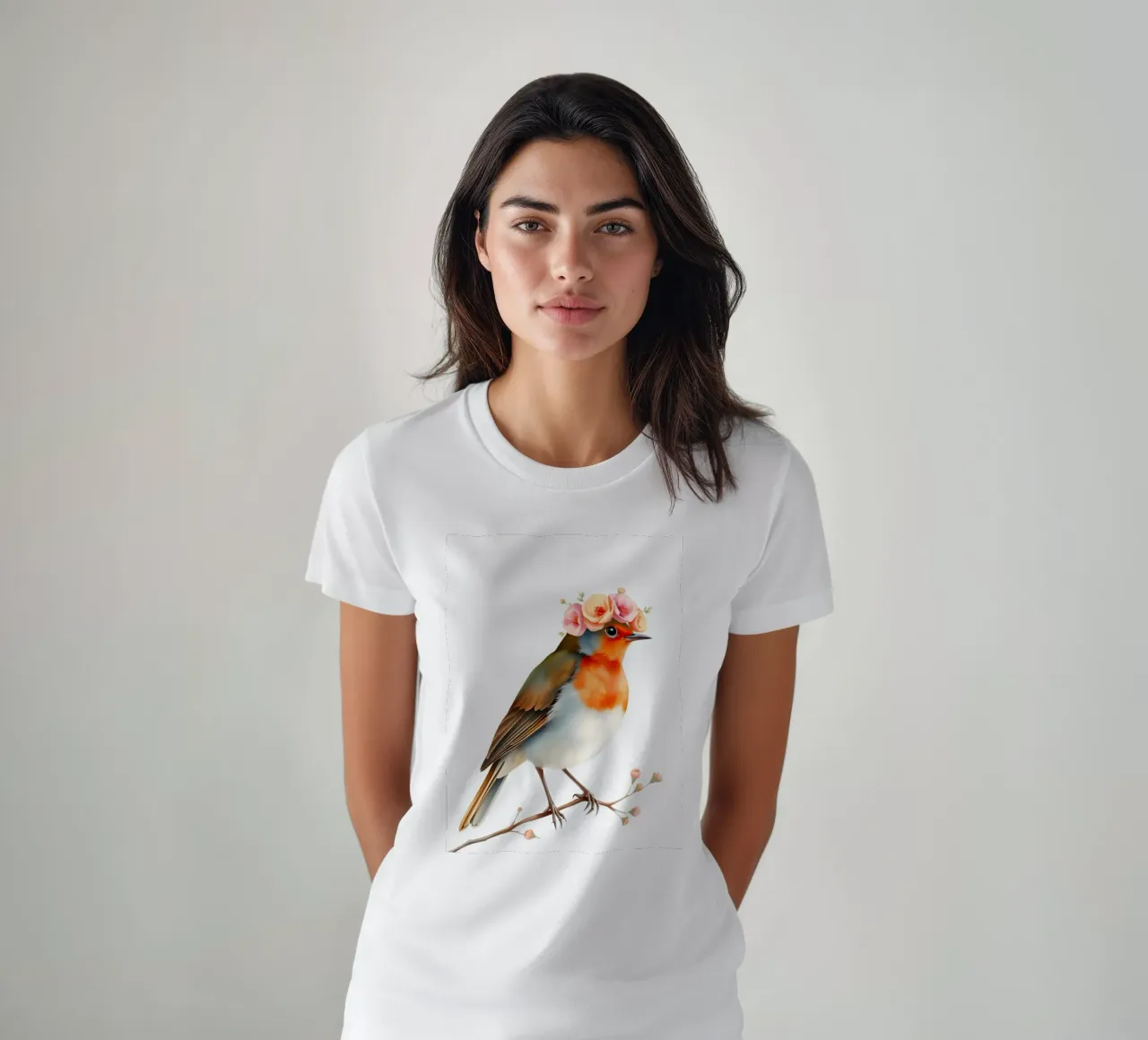 Pettirosso con corona floreale t-shirt da ARTOMATIC