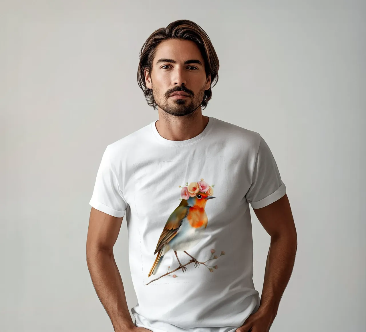 Pettirosso con corona floreale t-shirt da ARTOMATIC