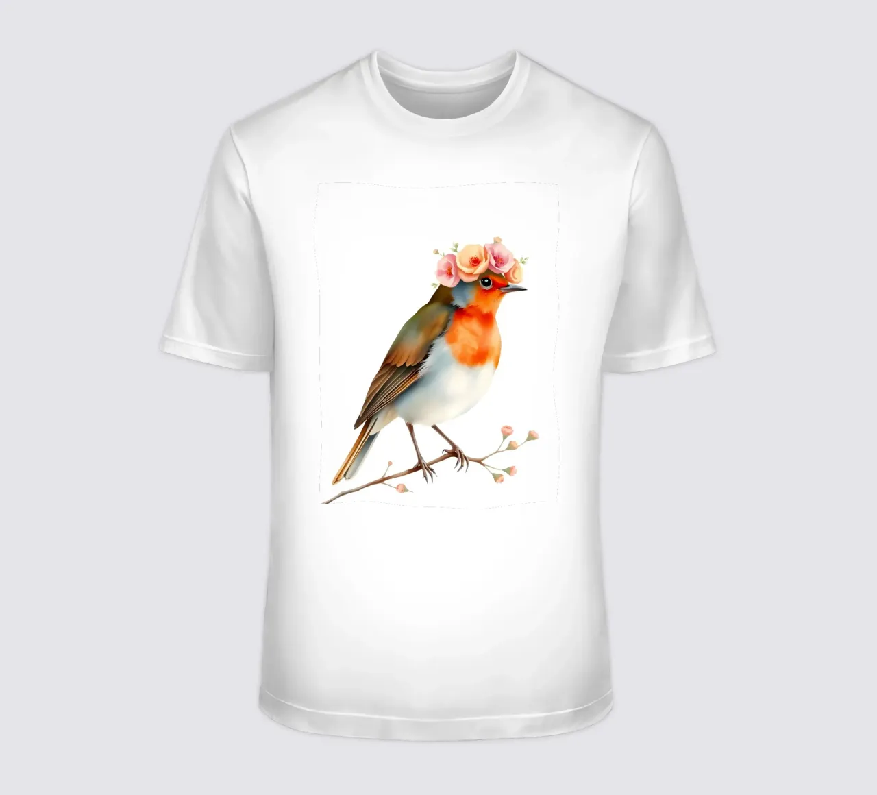 Pettirosso con corona floreale t-shirt da ARTOMATIC