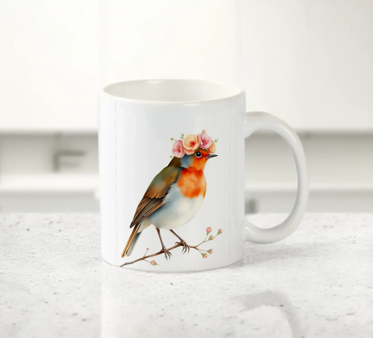 Pettirosso con corona floreale tazza in ceramica da ARTOMATIC