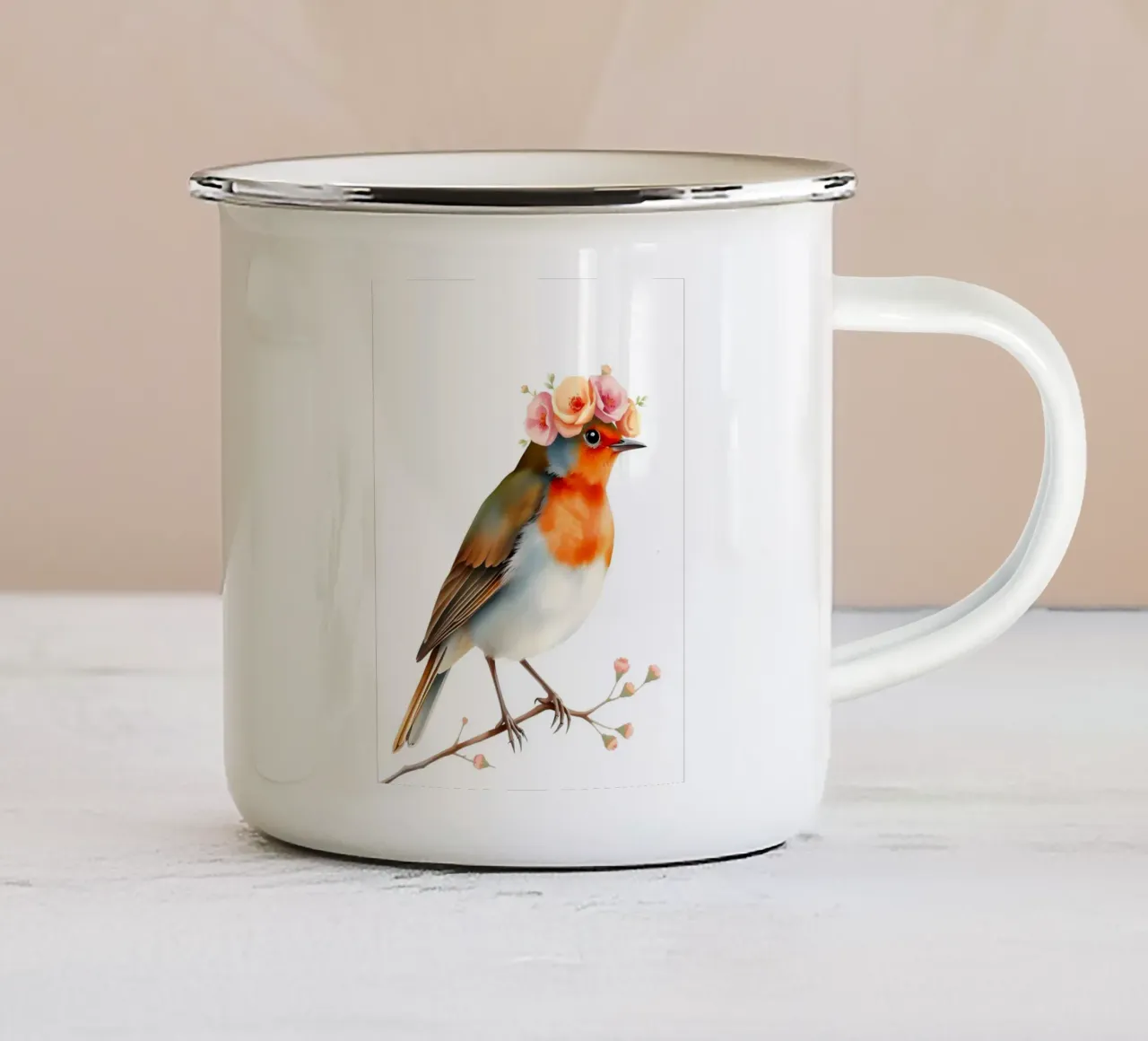 Pettirosso con corona floreale tazza in smalto da ARTOMATIC