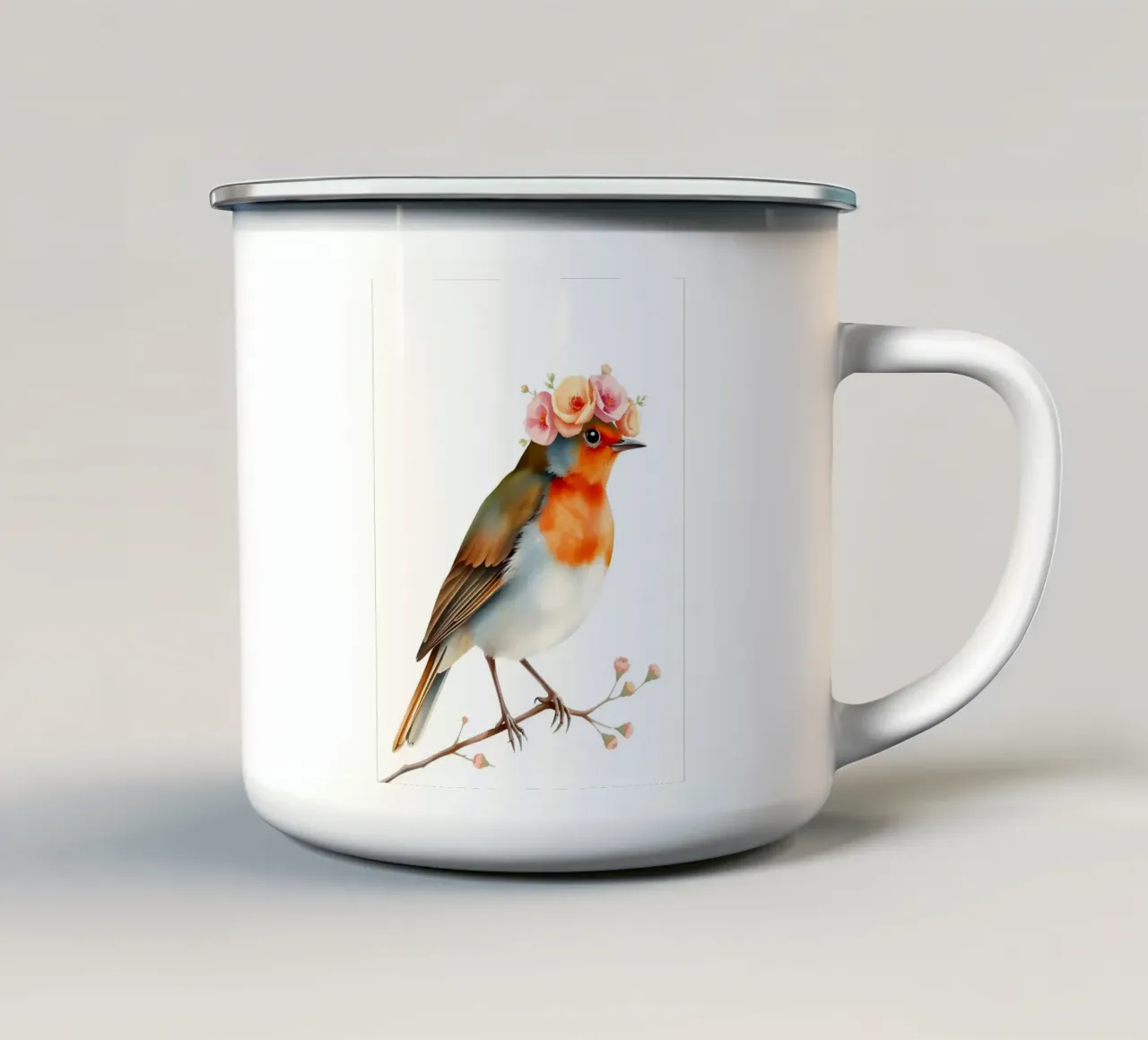 Pettirosso con corona floreale tazza in smalto da ARTOMATIC