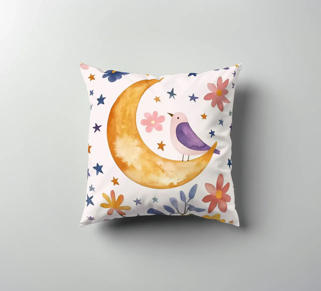 Uccello piumato su luna e stelle Botanico Vintage Floreale cuscino da Gentle Echoes Art