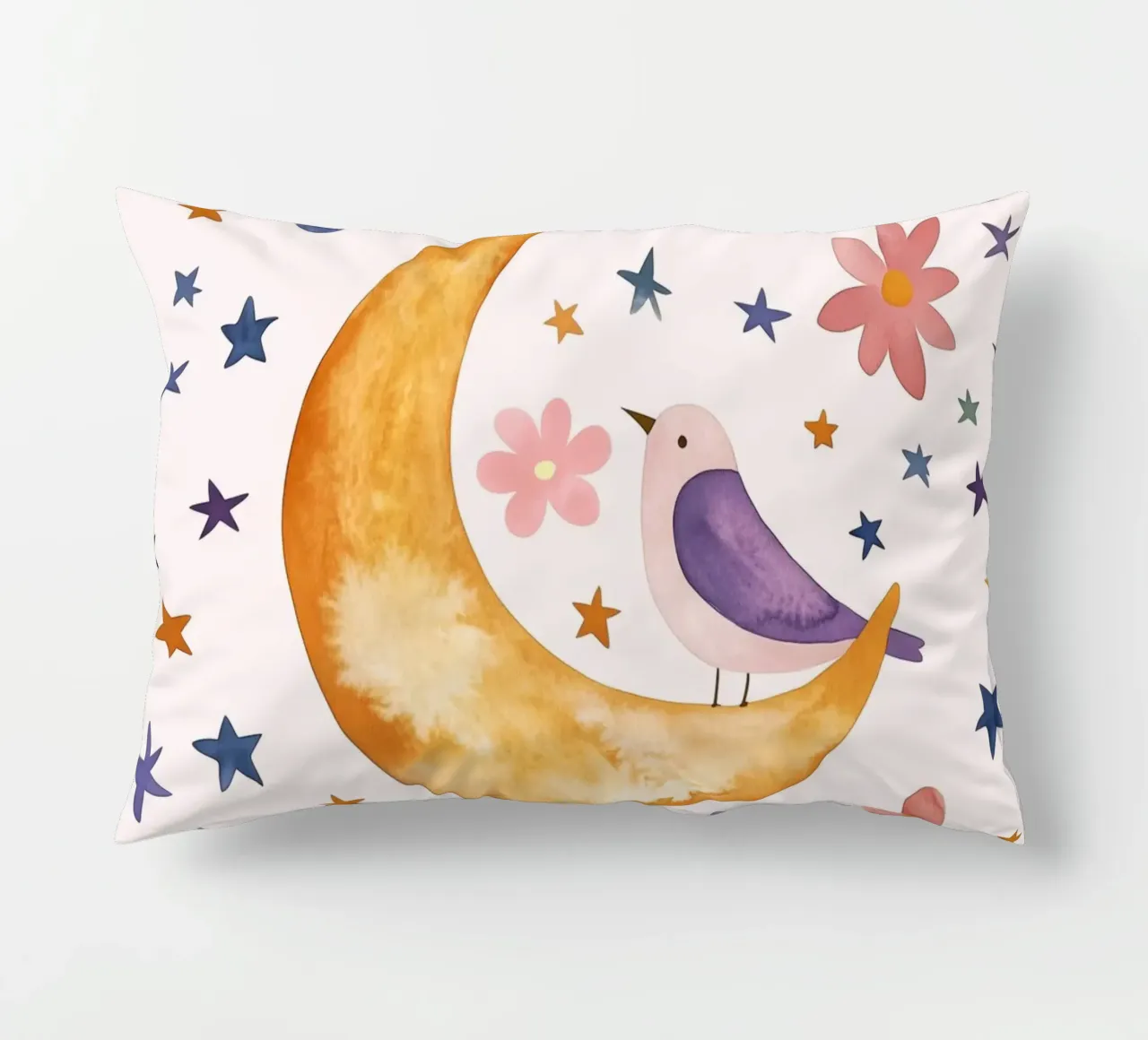 Uccello piumato su luna e stelle Botanico Vintage Floreale cuscino da Gentle Echoes Art