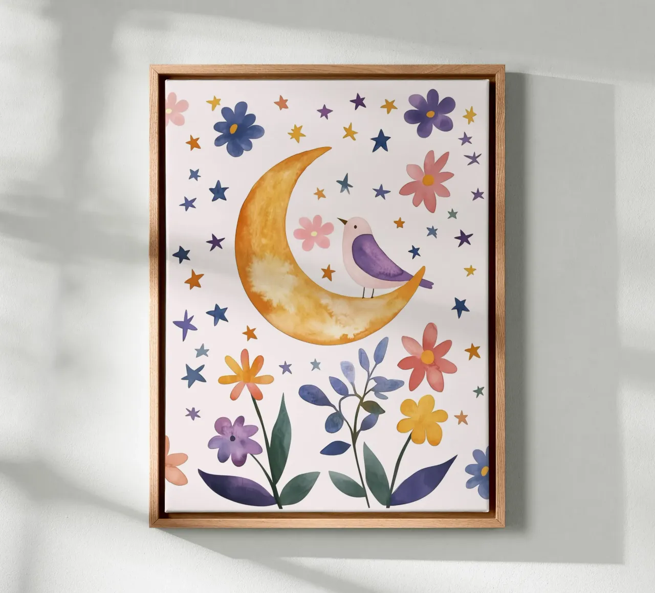 Uccello piumato su luna e stelle Botanico Vintage Floreale tela con Cornice a cassetta da Gentle Echoes Art