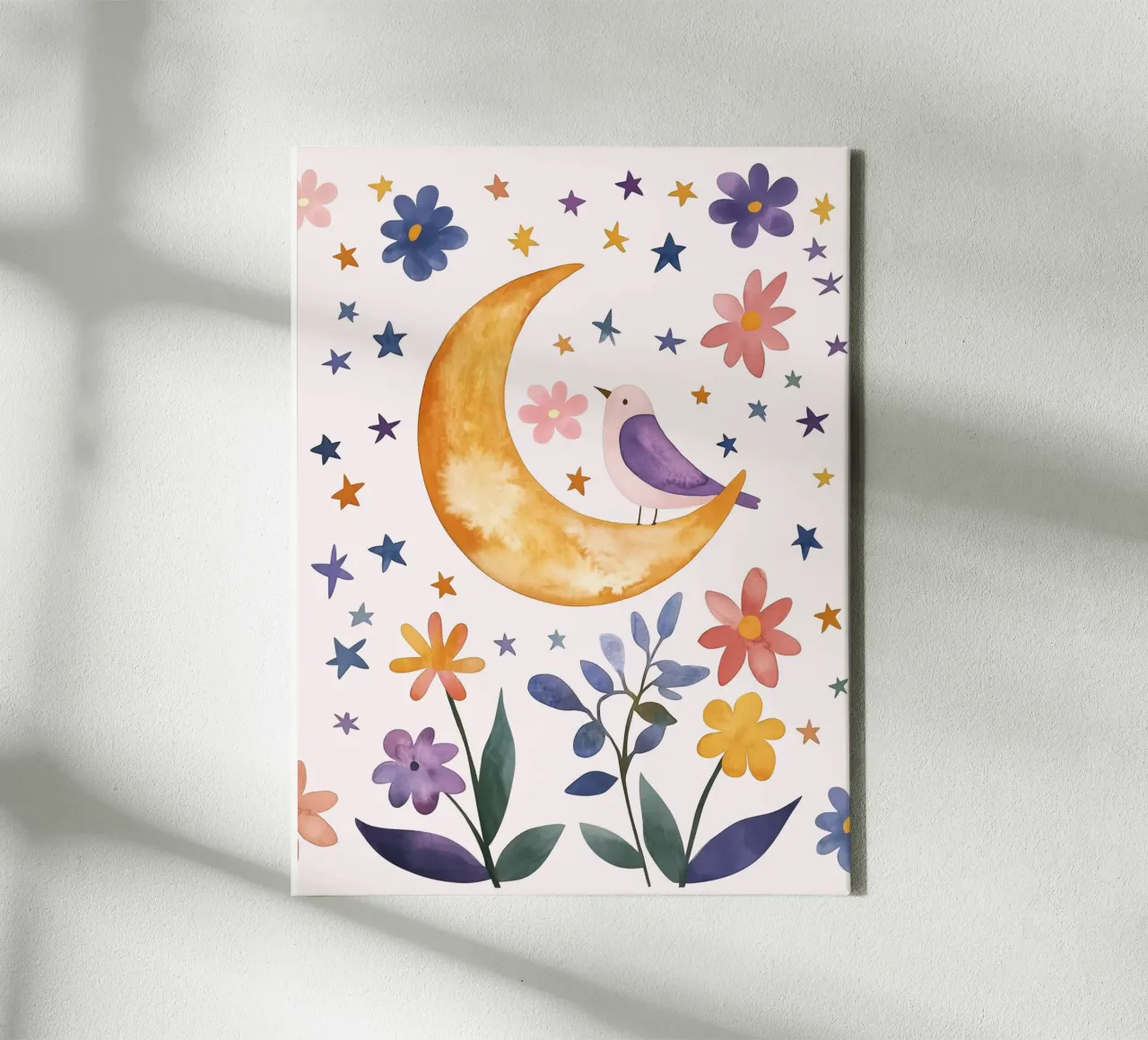 Uccello piumato su luna e stelle Botanico Vintage Floreale tela con Cornice a cassetta da Gentle Echoes Art