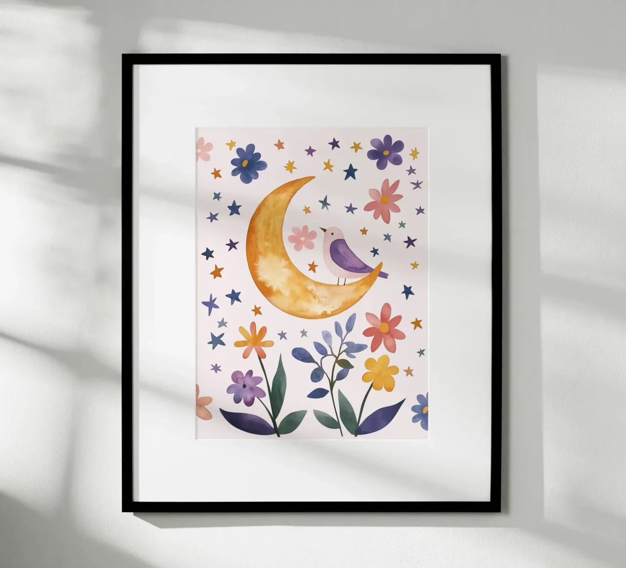 Uccello piumato su luna e stelle Botanico Vintage Floreale poster con telaio in legno da Gentle Echoes Art