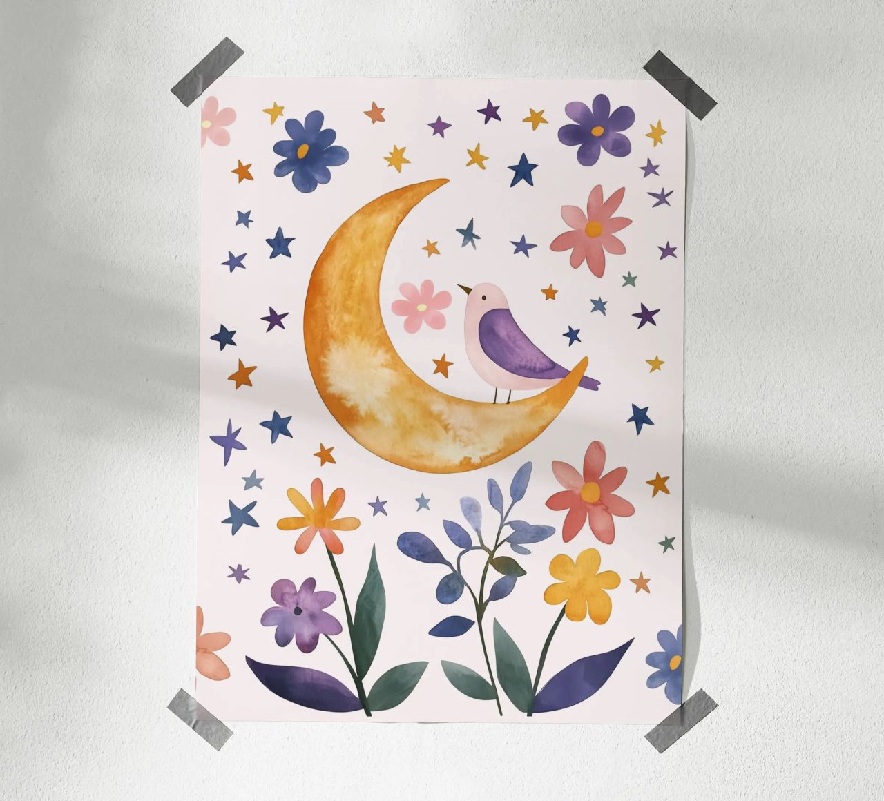 Feathered Bird on Moon and Stars Botanical Vintage Floral poster by Gentle Echoes Art