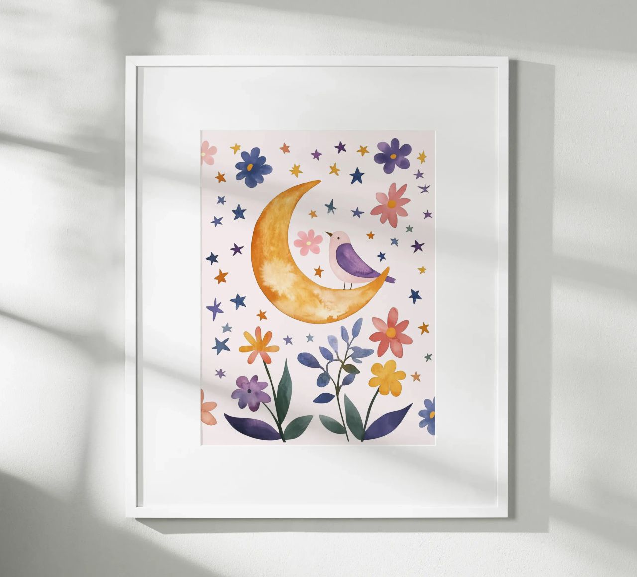 Feathered Bird on Moon and Stars Botanical Vintage Floral poster by Gentle Echoes Art