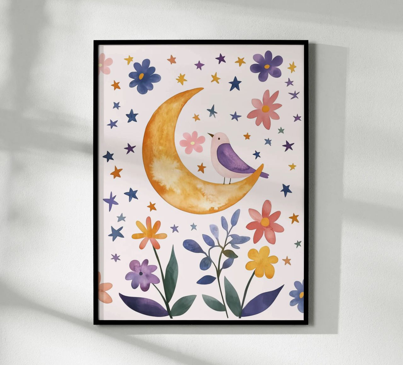 Feathered Bird on Moon and Stars Botanical Vintage Floral poster by Gentle Echoes Art