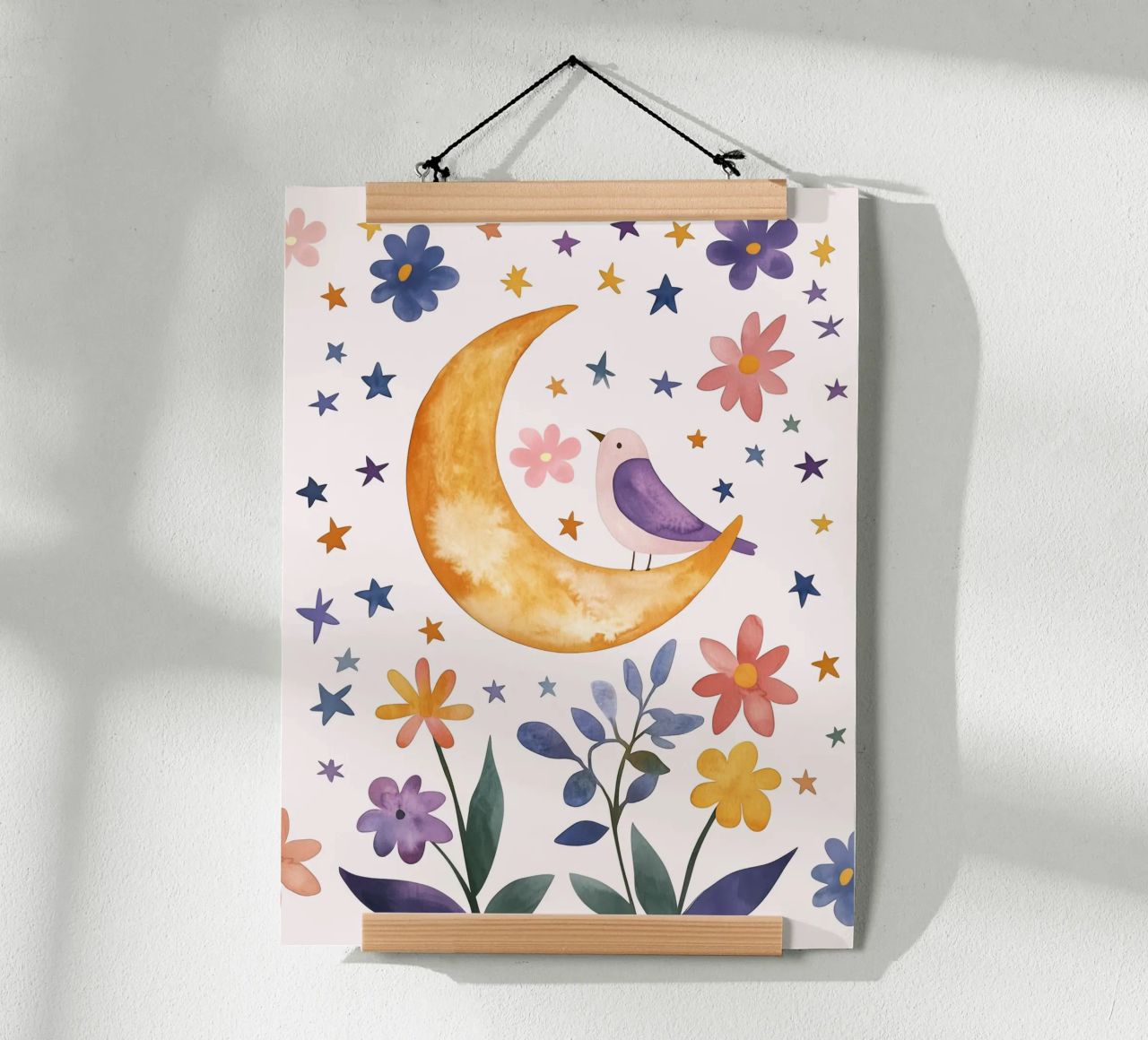 Feathered Bird on Moon and Stars Botanical Vintage Floral poster by Gentle Echoes Art