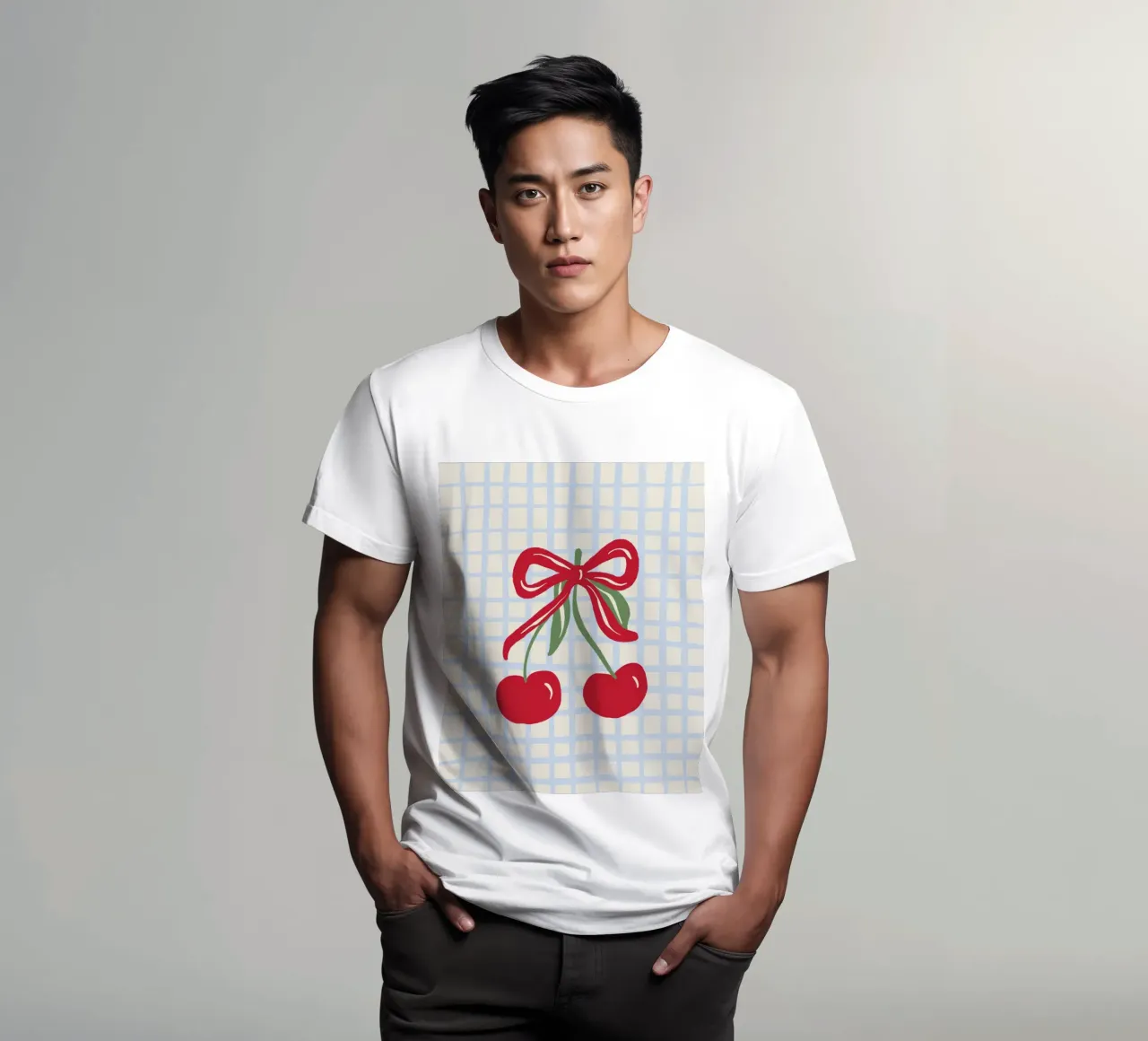 Coquette cherries on a grid pattern t-shirt by Wackapacka
