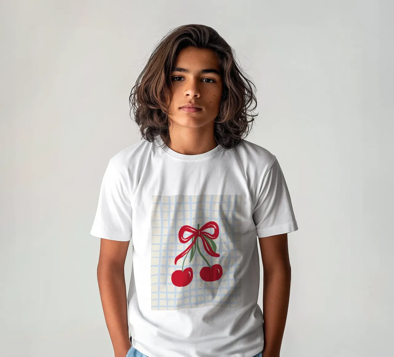 Coquette cherries on a grid pattern kids t-shirt by Wackapacka