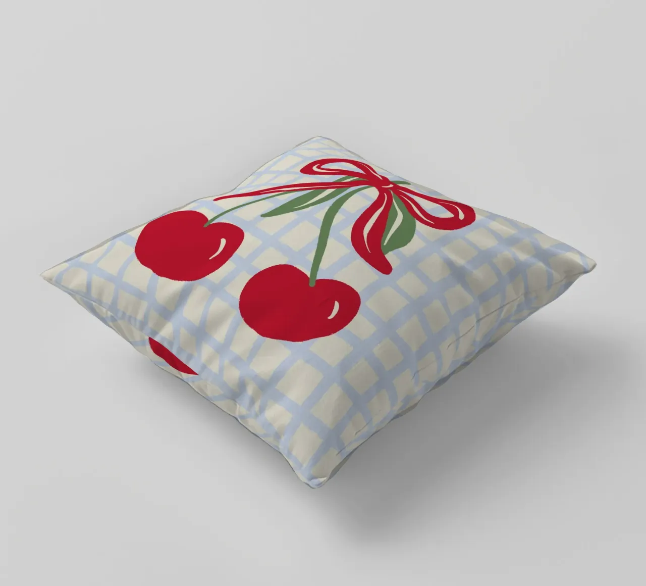 Coquette cherries on a grid pattern decorative cushion by Wackapacka