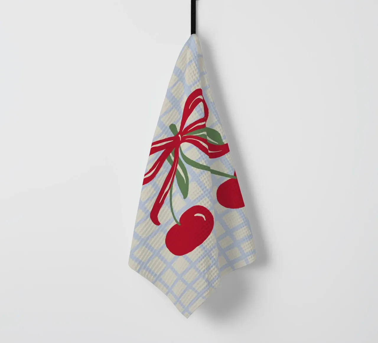 Coquette cherries on a grid pattern tea towel by Wackapacka