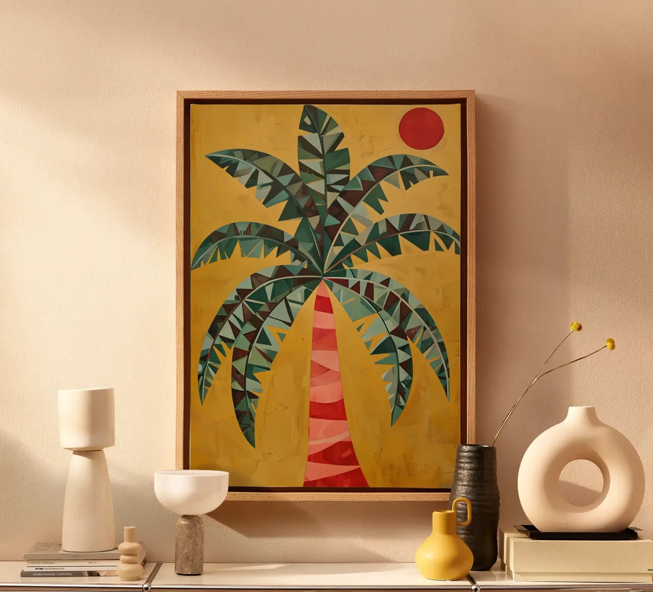 Palma geometrica sotto un sole cremisi tela con Cornice a cassetta da Artistic-shop