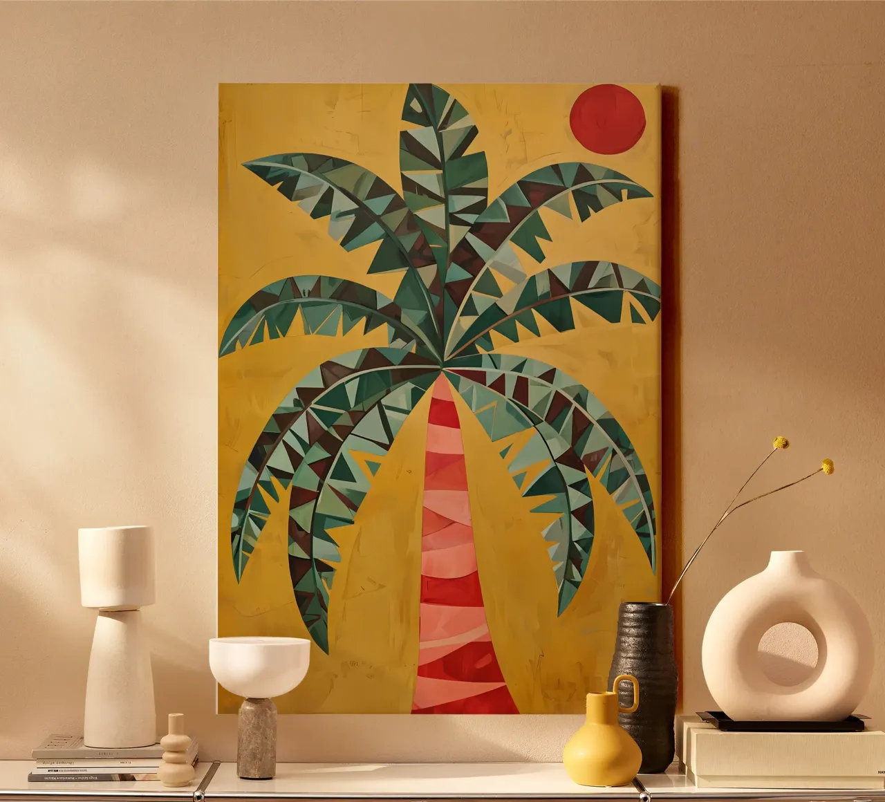 Palma geometrica sotto un sole cremisi tela con Cornice a cassetta da Artistic-shop