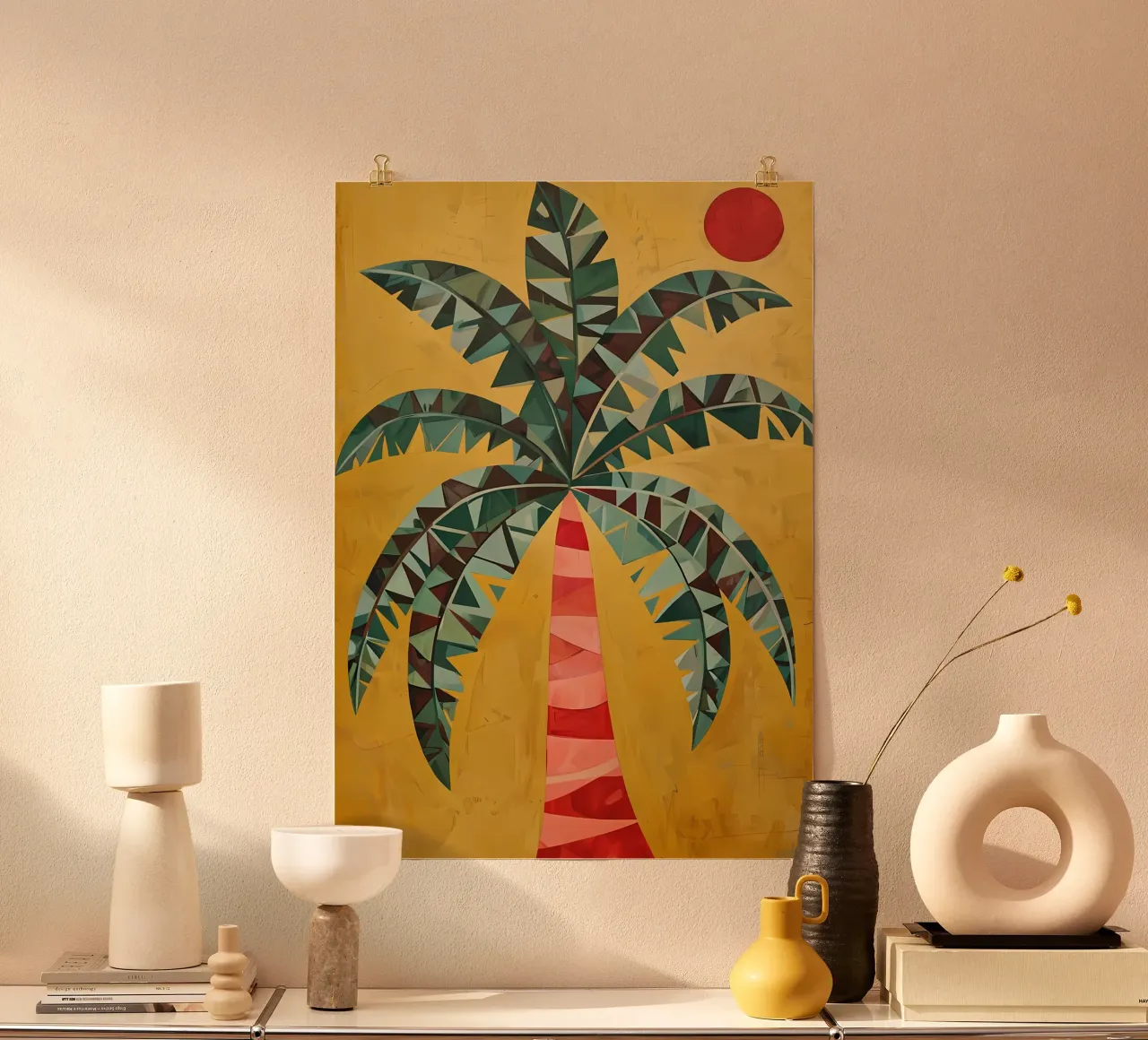 Palma geometrica sotto un sole cremisi poster da Artistic-shop