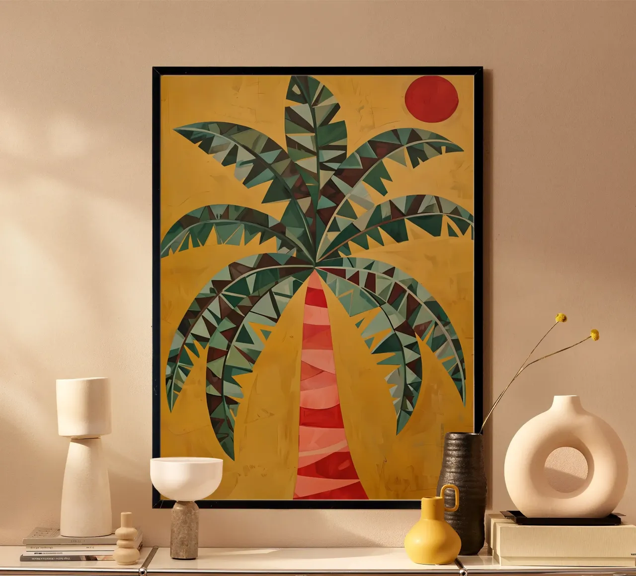 Palma geometrica sotto un sole cremisi poster da Artistic-shop