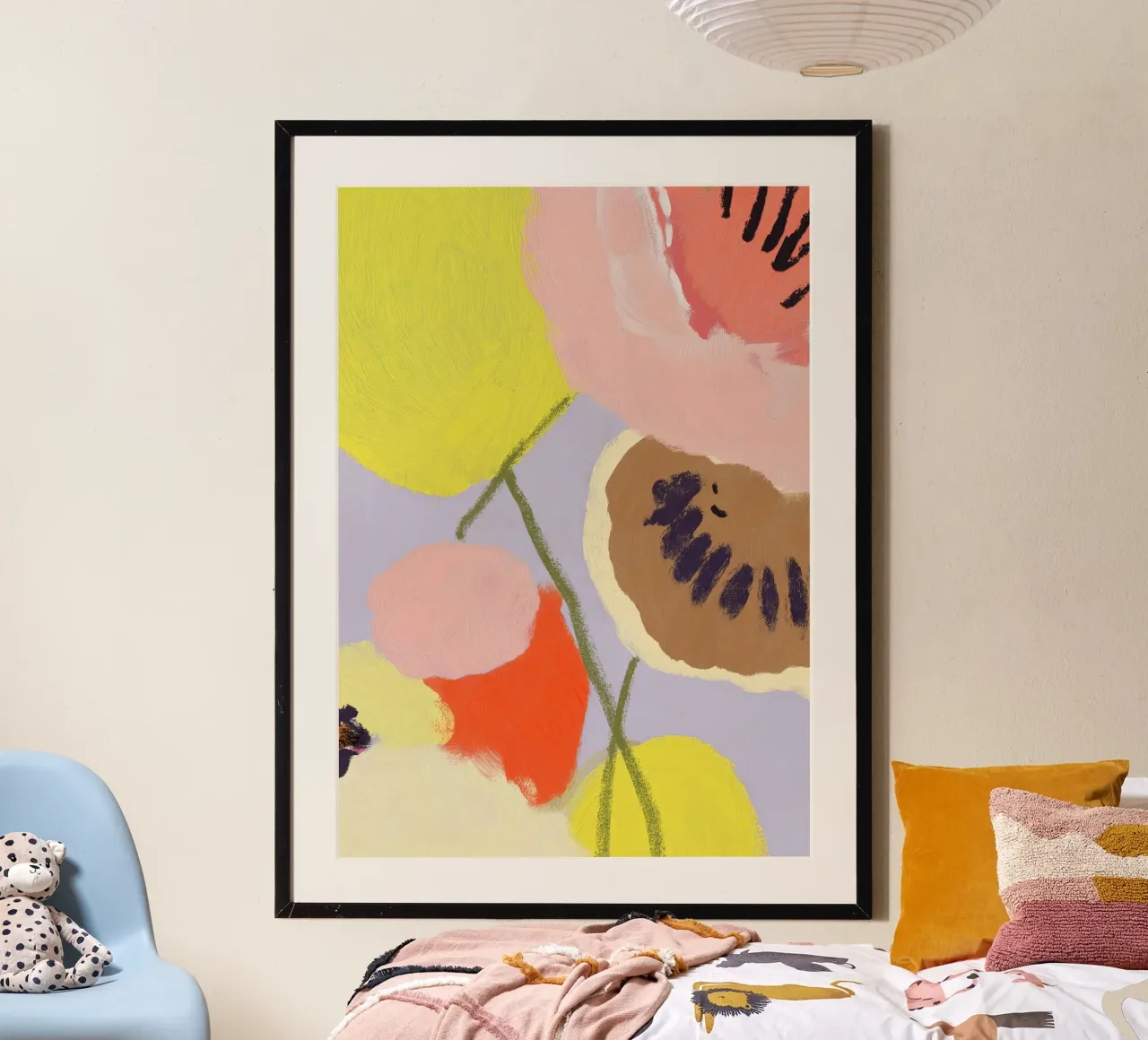 Abstrakte moderne Kunst, Botanische Wandkunst, Blumendruck Poster mit Aluminium Rahmen von Boheme