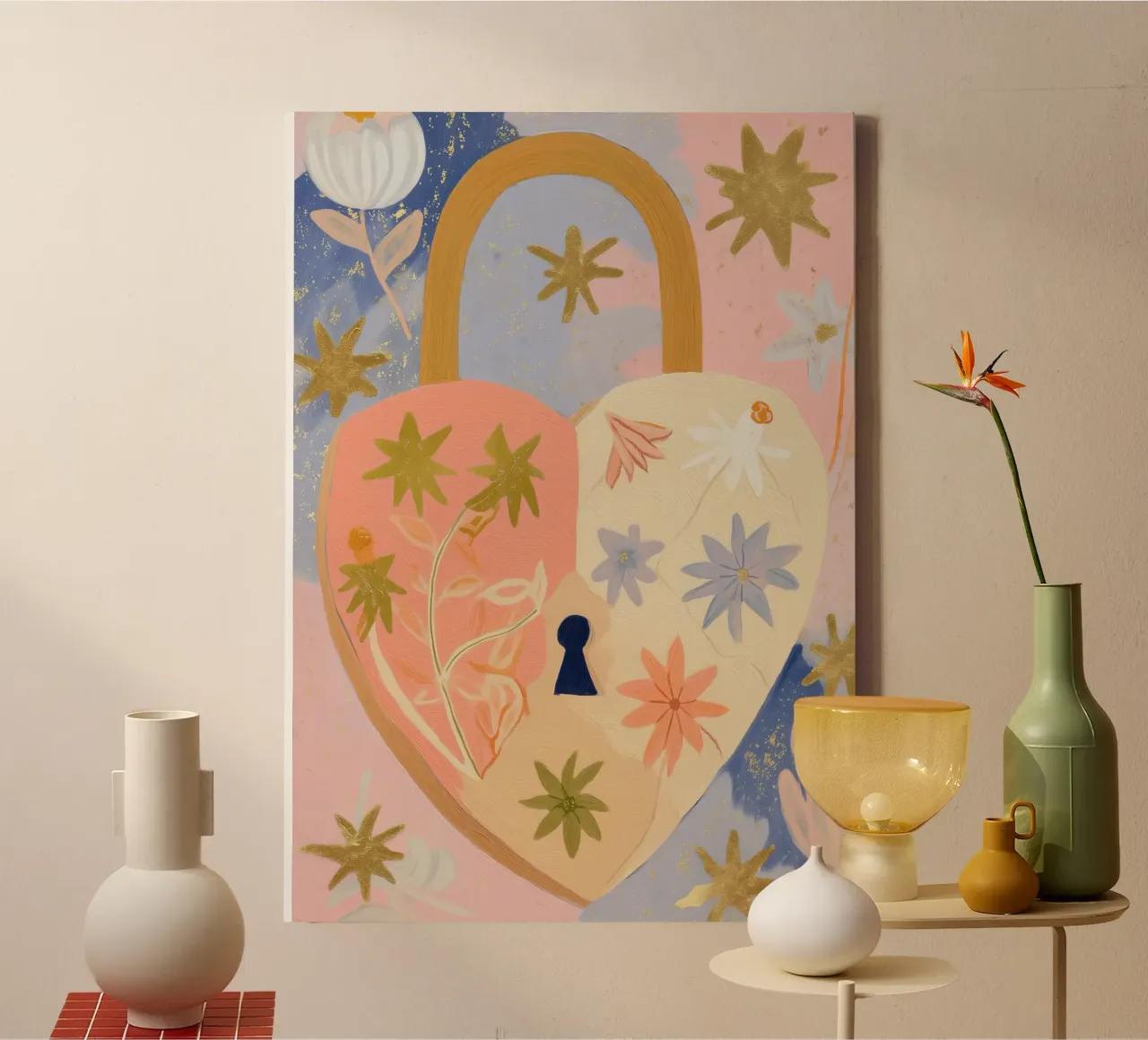 Hart Poster, Locket, Pastel Hedendaagse Abstracte Muurkunst canvas met Baklijst van Boheme