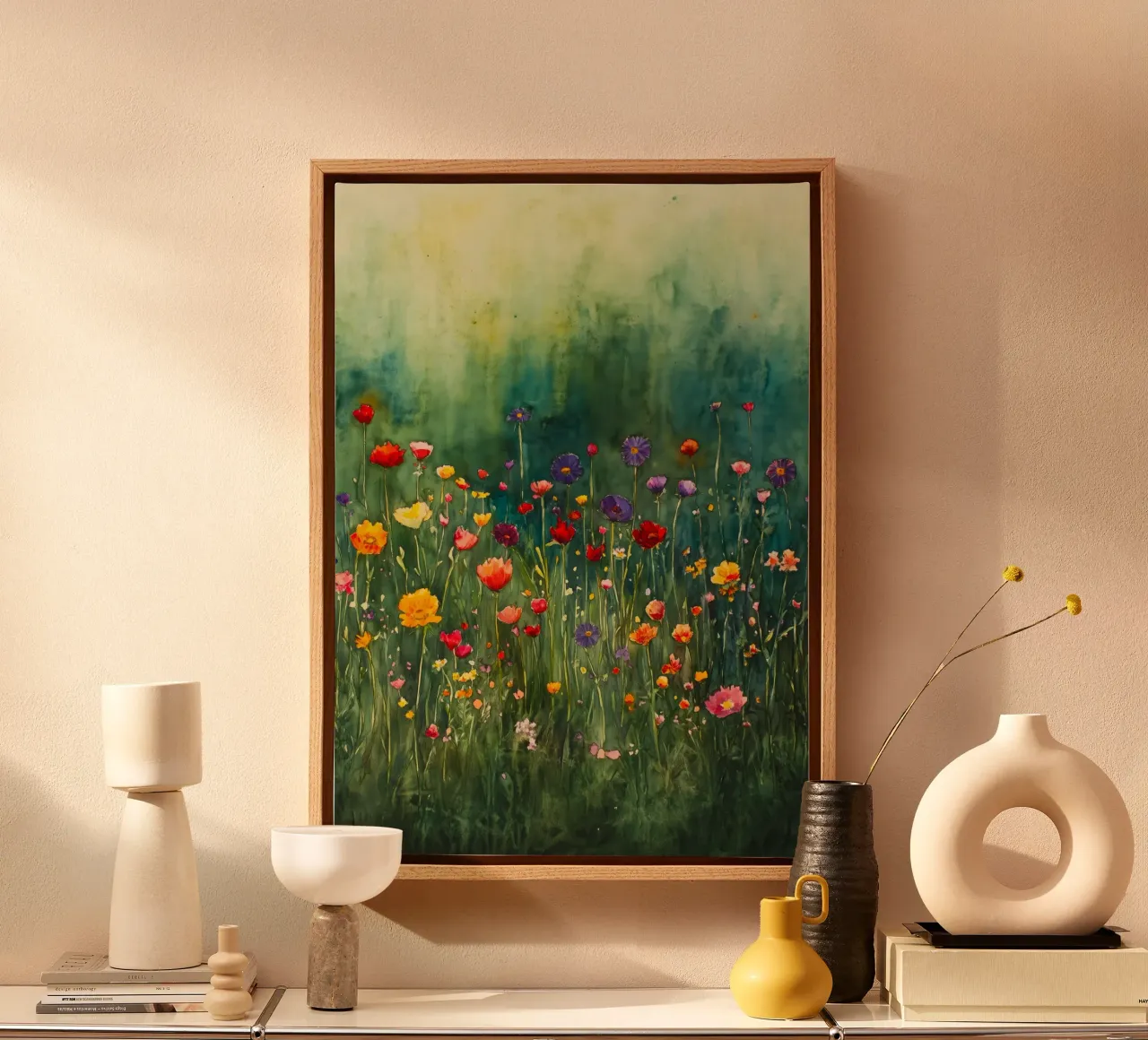 Groene weide canvas met Baklijst van Justyna Jaszke JBJart