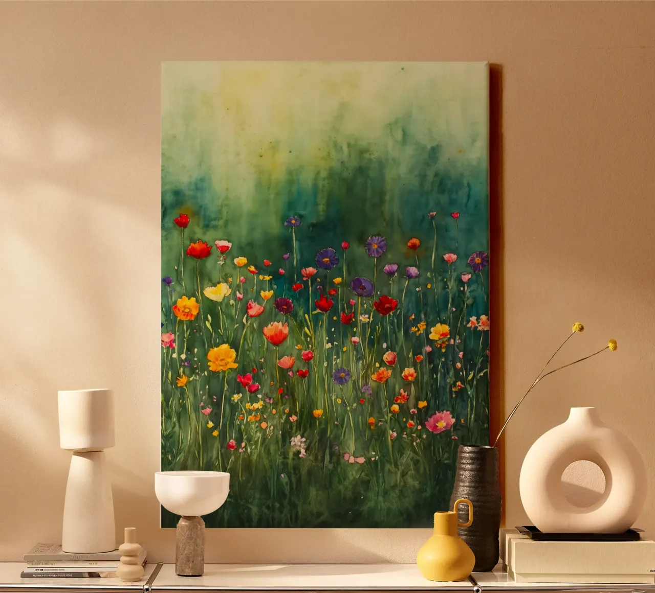 Groene weide canvas met Baklijst van Justyna Jaszke JBJart