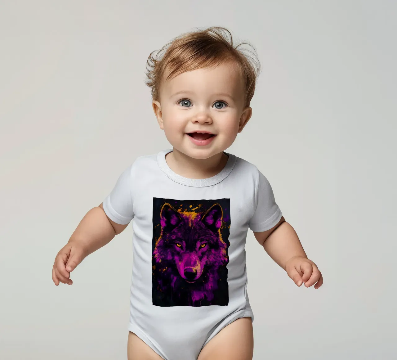 Purple wolf short-sleeve baby romper by Justyna Jaszke JBJart