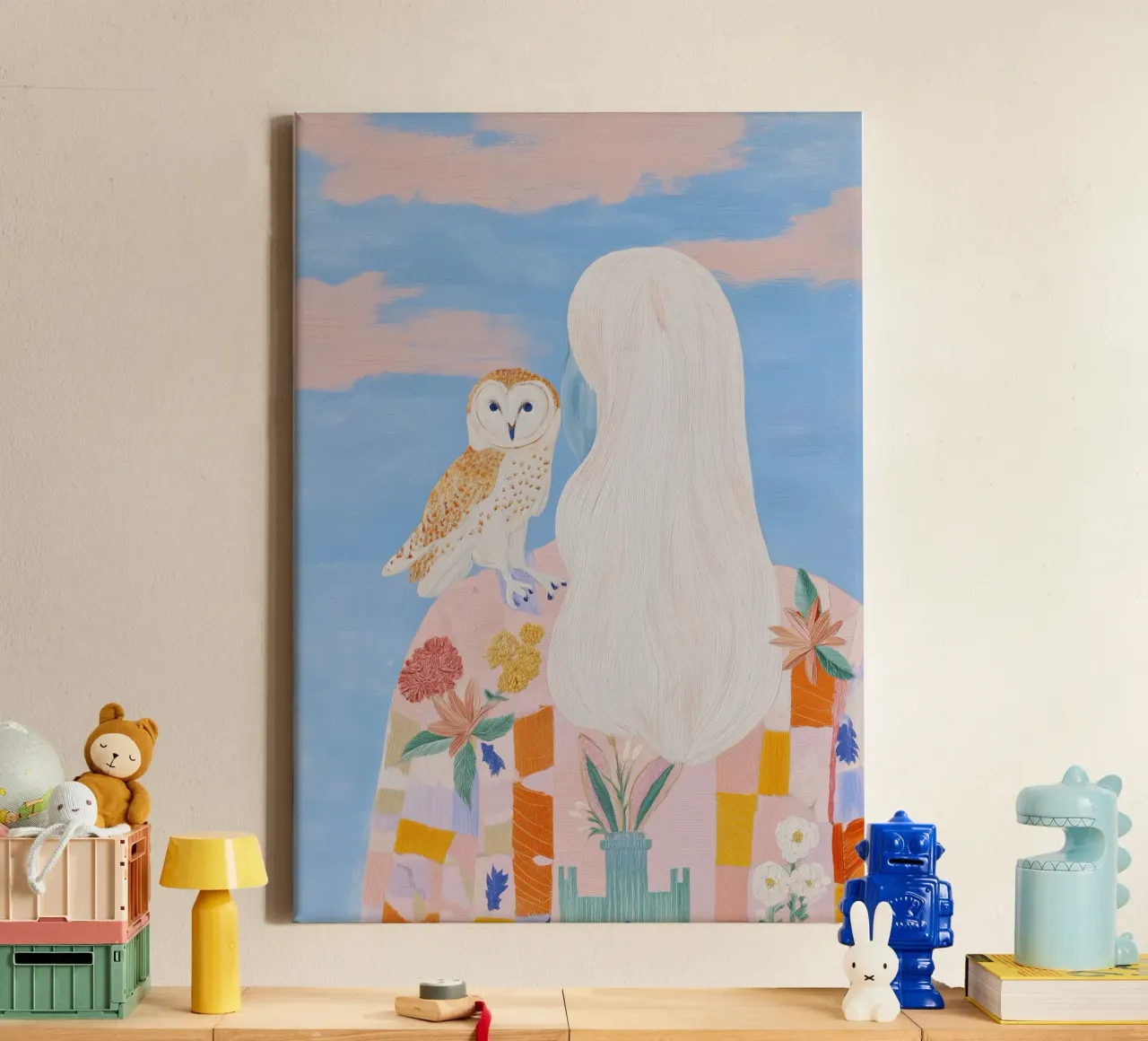 Uil Print, Boho Poster, Abstracte Vrouw Illustratie canvas met Baklijst van Boheme