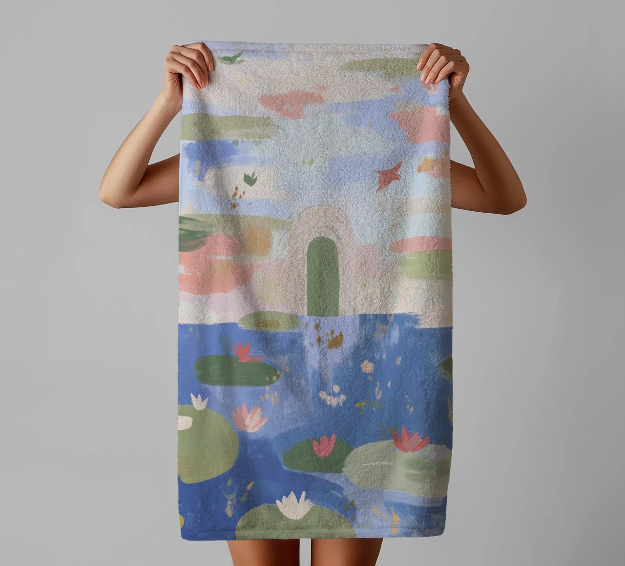 Lily Pond, Boho Abstract Print, Colourful Modern Wall Art towel by Boheme