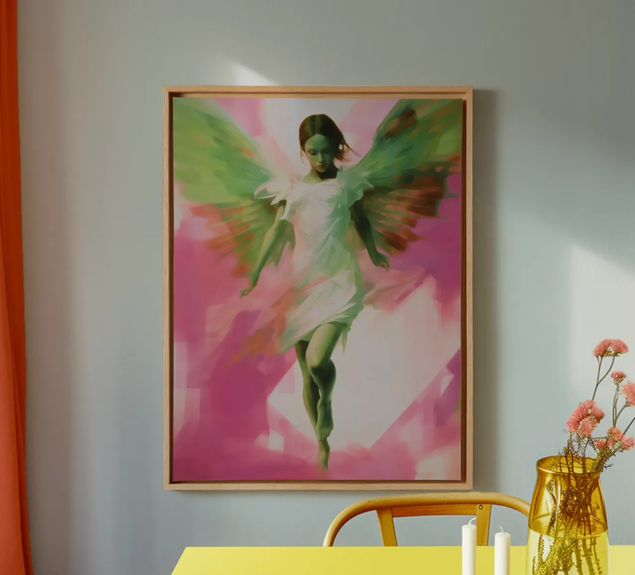 Noodhulp engelen | Schilderij in roze en groen canvas met Baklijst van Autofocus
