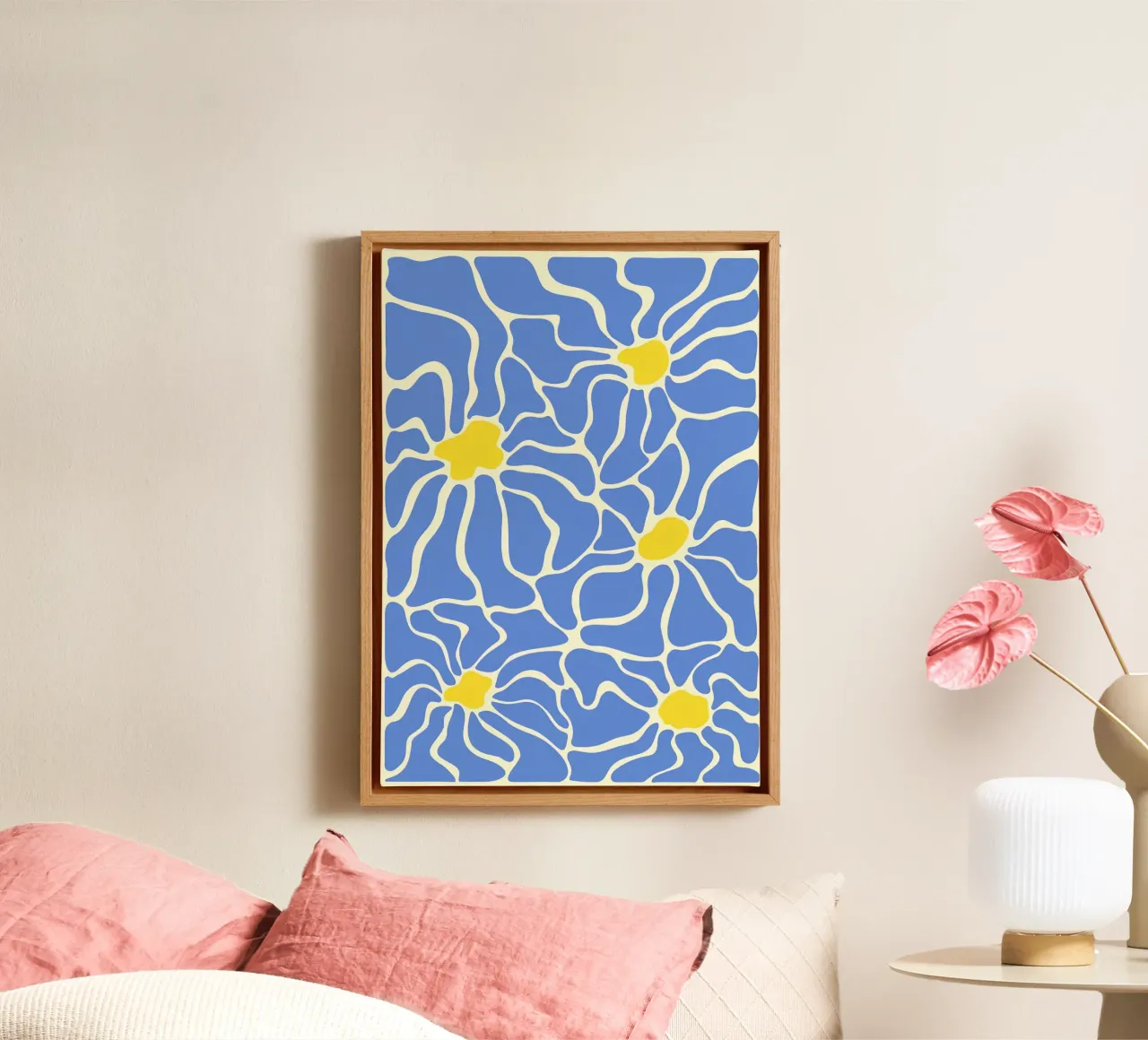Matisse-geïnspireerde bloem: abstracte uitsnijdingen, blauw en geel, M canvas met Baklijst van NorwesClub