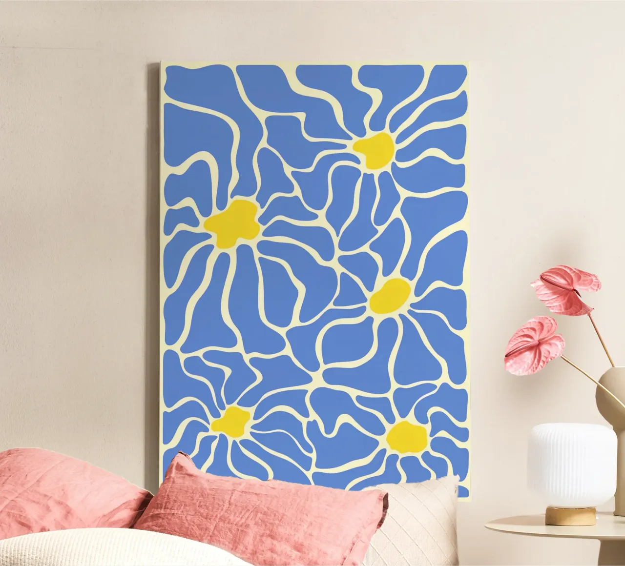 Matisse-geïnspireerde bloem: abstracte uitsnijdingen, blauw en geel, M canvas met Baklijst van NorwesClub